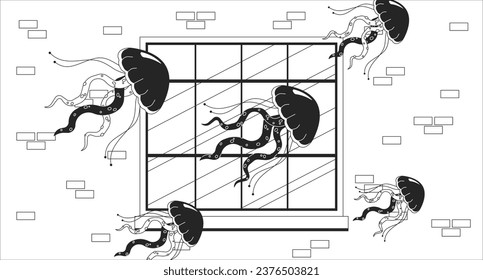 Jellyfish floating window surreal black and white 2D illustration concept. Dreaming surrealistic outline cartoon scene background. Jelly medusa by apartment exterior metaphor monochrome vector art