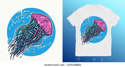 Jellyfish floats in deep space. Print for t-shirts and another, trendy apparel design. Symbol of wandering, deep sea, travel, meditation 