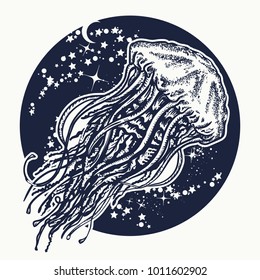 Jellyfish floats in deep space. Symbol of wandering, deep sea, travel, meditation 