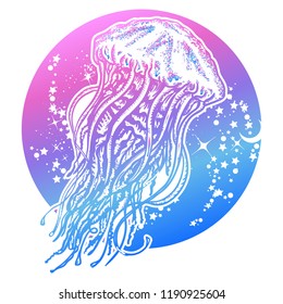 Jellyfish floats in deep space. Symbol of wandering, deep sea, travel, meditation. Magic jellyfish tattoo and t-shirt design 