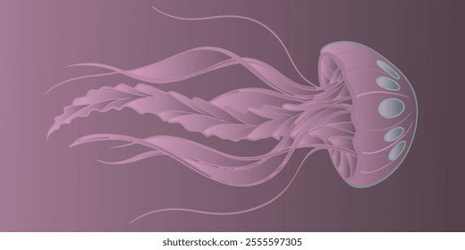 A jellyfish with flowing tentacles gracefully floats against a vibrant purple background.