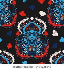 jellyfish folk art ornament stylized ethnic marine elements natural motifs seamless overlapping endless pattern rapport vector