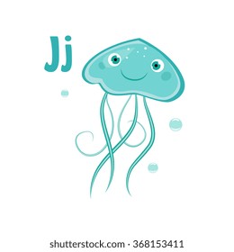 Jellyfish. Funny Alphabet, Colourful Animal Vector Illustration