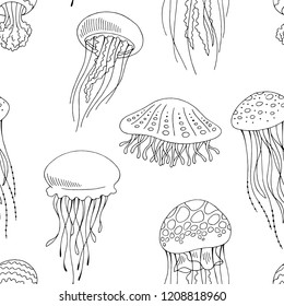 Jellyfish graphic black white seamless pattern background sketch illustration vector