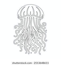 Jellyfish graphic set black white isolated sketch illustration vector, Black contour of Jellyfish with flowing tentacles. Oceanic medusa outline.