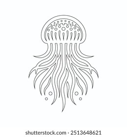 Jellyfish gráfico conjunto preto branco isolado esboço vetor ilustração, Contorno preto de águas-vivas com tentáculos fluindo. Esquema da medusa oceânica.