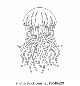 Jellyfish graphic set black white isolated sketch illustration vector, Black contour of Jellyfish with flowing tentacles. Oceanic medusa outline.