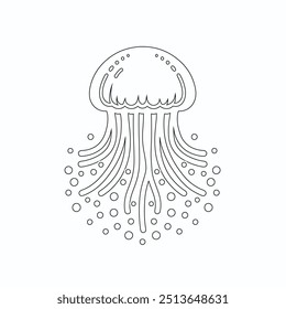 Jellyfish gráfico conjunto preto branco isolado esboço vetor ilustração, Contorno preto de águas-vivas com tentáculos fluindo. Esquema da medusa oceânica.