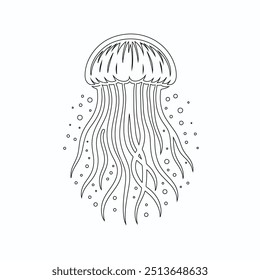 Jellyfish graphic set black white isolated sketch illustration vector, Black contour of Jellyfish with flowing tentacles. Oceanic medusa outline.