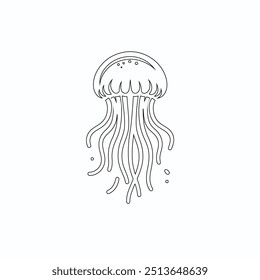 Jellyfish graphic set black white isolated sketch illustration vector, Black contour of Jellyfish with flowing tentacles. Oceanic medusa outline.