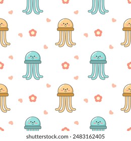 Jellyfish green and yellow cartoon so cute. On flower heart and white background. Pattern seamless vector illustration. 