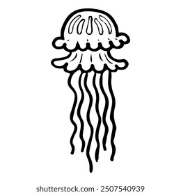 Jellyfish hand drawn doodle. Sea animal with tentacles. Fish living in water. Diving underwater. Dangerous poisonous creature. Vector sketch line art illustration.