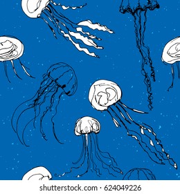 Jellyfish hand drawn graphic ink pattern. White medusa on blue background very fresh and summer image. 