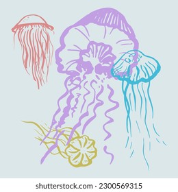 Jellyfish. Hand drawn ink drawing of the underwater world with medusa. Protection sea and oceans, sea creatures.Set for postcard, print, template, polygraphy. Design element. Vector art illustration.