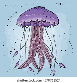 Jellyfish.  Hand drawn vector illustration in watercolor style.