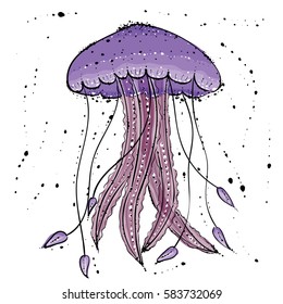 Jellyfish.  Hand drawn vector illustration in watercolor style.