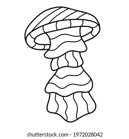 Jellyfish hand-drawn black outline white isolated stock vector illustration. Funny sea creature coloring page for kids printable page. Simple linear jellyfish print doodle vector illustration