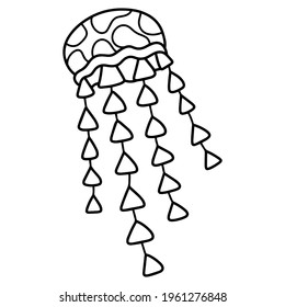 Jellyfish hand-drawn doodle stock vector illustration. Simple marine animal coloring page for kids printable activity page. Stylized sea jelly black linear illustration isolated on white background
