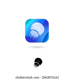 Jellyfish icon. Jellyfish in blue button. Icon for business, internet, web application, online shop.