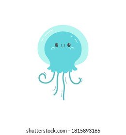 Jellyfish icon. Cute cartoon kawaii funny baby character. Blue glowing transparent color. Head face. Sea ocean animal collection. Flat design. Kids tshirt, notebook cover print White background Vector