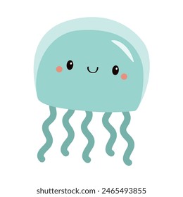 Jellyfish icon. Cute kawaii cartoon funny baby character. Blue green color. Sea ocean animal. Smiling face. Kids education card, tshirt, sticker print. White background. Flat design. Vector