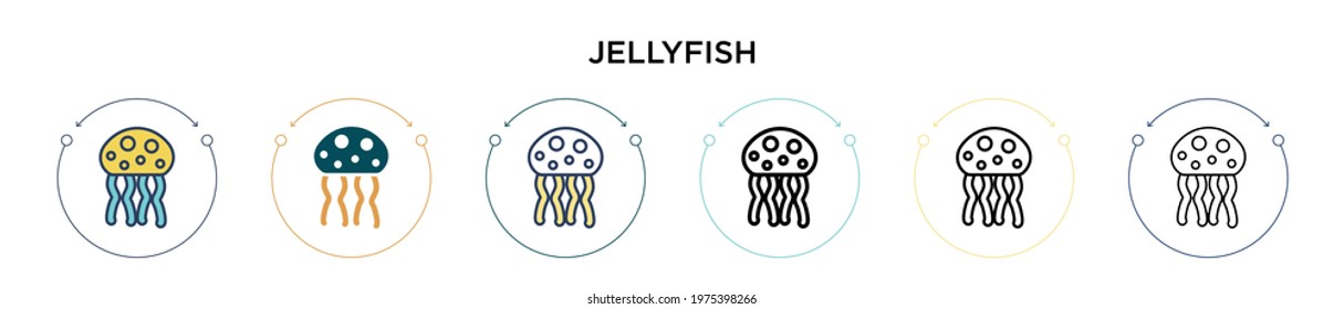 Jellyfish icon in filled, thin line, outline and stroke style. Vector illustration of two colored and black jellyfish vector icons designs can be used for mobile, ui, web