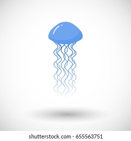 Jellyfish icon, Flat design of swimming marine creature with round shadow, cartoon vector illustration