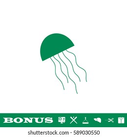 Jellyfish icon flat. Green pictogram on white background. Vector illustration symbol and bonus button