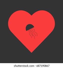 Jellyfish icon flat. Simple pictogram on heart background. Vector illustration symbol