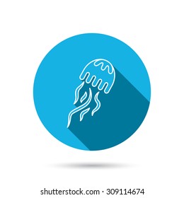 Jellyfish icon. Marine animal sign. Blue flat circle button with shadow. Vector