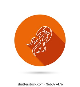 Jellyfish icon. Marine animal sign. Round orange web button with shadow.