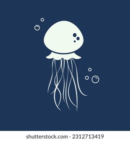  Jellyfish icon on blue background. Marine life with air bubbles 