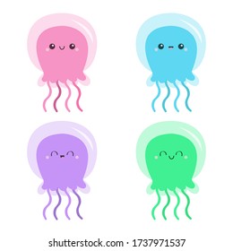 Jellyfish icon set. Cute cartoon kawaii funny baby character. Pink green blue purple color. Smiling face. Sea ocean animal. Kids tshirt, notebook cover print. White background. Flat design. Vector