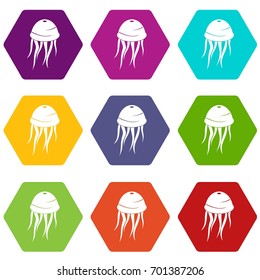 Jellyfish icon set many color hexahedron isolated on white vector illustration