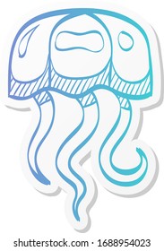 Jellyfish icon in sticker color style. Ocean animal dweller sting tentacles