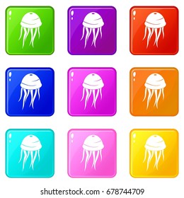 Jellyfish icons of 9 color set isolated vector illustration