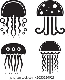 Jellyfish Icons Collection, quatro águas-marinhas negras únicas, tentáculos flutuantes, vetor minimalista da vida selvagem do oceano definido para a vida marinha, temas aquáticos