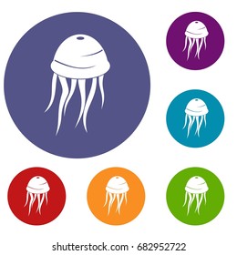 Jellyfish icons set in flat circle red, blue and green color for web
