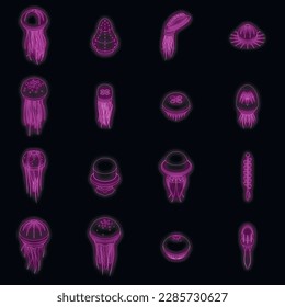 Jellyfish icons set. Isometric set of jellyfish vector icons neon color on black