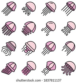 Jellyfish icons set. Outline set of jellyfish vector icons thin line color flat on white