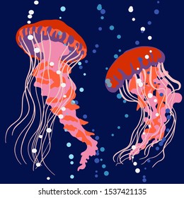 Jellyfish illustration. Can be used as t-shirt, bag printing. Friends of nature. 