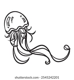 Jellyfish illustration drawing isolated on square white background. Simple flat outlined black and white cartoon art styled drawing.