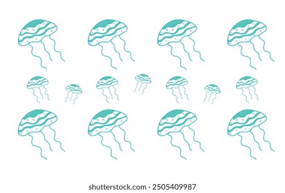 Jellyfish illustration on white isolated background. Jellyfish pattern in color for print on clothes, paper, stationery, print on fabric. Simple drawing of a jellyfish outline. Bright sea art. Sea inh