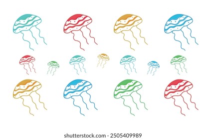 Jellyfish illustration on white isolated background. Jellyfish pattern in color for print on clothes, paper, stationery, print on fabric. Simple drawing of a jellyfish outline. Bright sea art. Sea inh