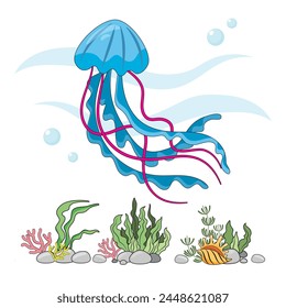 Jellyfish. Isolated blue jellyfish on a white background, sea bottom. Color illustration in the style of cartoon. Seafloor with algae, shells and corals