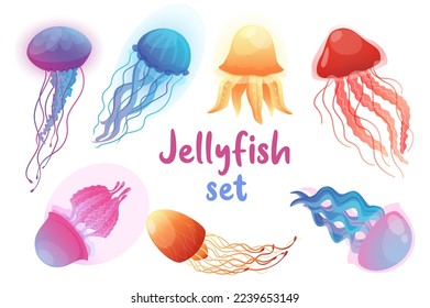 Jellyfish isolated elements set in flat design. Bundle of colorful medusas of different types. Underwater creatures swimming at ocean or sea bottom. Marine wildlife fauna. Vector illustration.