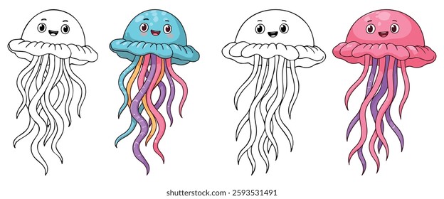 Jellyfish Isolated Line Art Vector Outline Illustration Black and White with Coloring Sample