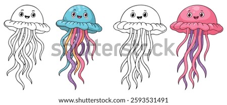 Jellyfish Isolated Line Art Vector Outline Illustration Black and White with Coloring Sample
