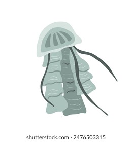 Jellyfish isolated on white background. Stylized aquatic Invertebrate and marine life. Medusa vector hand drawn flat illustration.