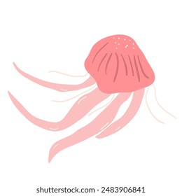 Jellyfish isolated on white background. Stylized aquatic Invertebrate and marine life. Medusa vector hand drawn flat illustration.